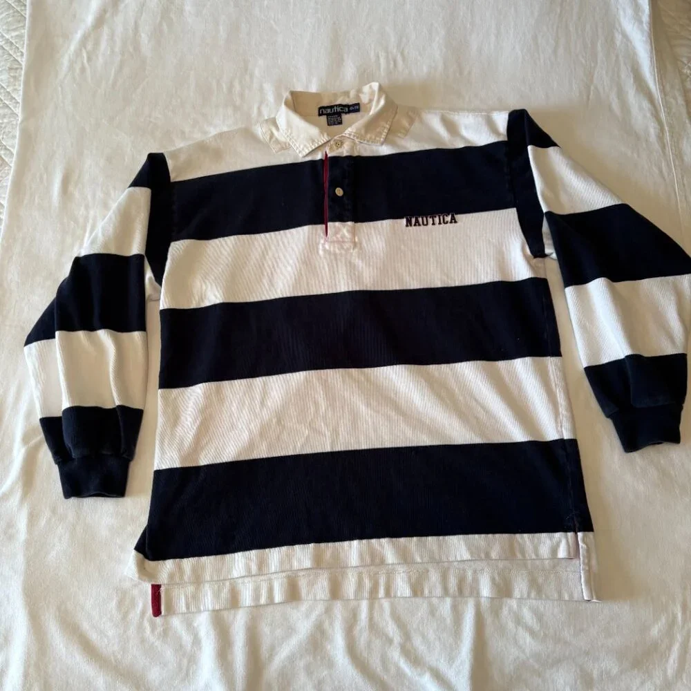 🔥 VINTAGE 90s NAUTICA Rugby Shirt | Navy & White Stripe | Men’s XL | Grail - Picture 1 of 6